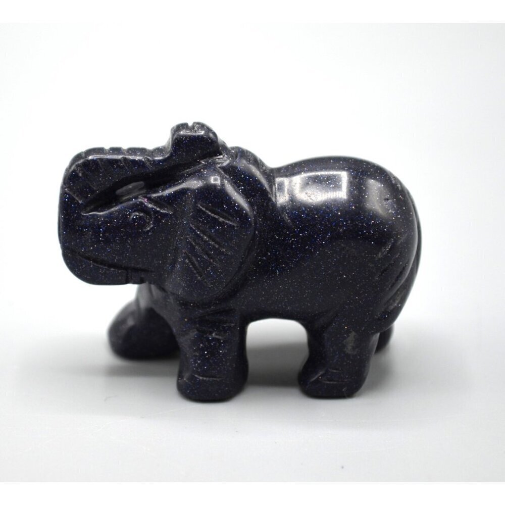 Goldstone Elephant Carving Purple Blue Sparkly Miniature Trunk Up Figurine